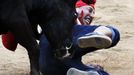 A reveller is knocked down by a wild cow during festivities in the bullring following the sixth running of the bulls of the San Fermin festival in Pamplona July 12, 2012. Several runners suffered light injuries in the fastest run (two minutes and twenty seconds) so far in this festival, according to local media. REUTERS/Susana Vera (SPAIN - Tags: SOCIETY ANIMALS) Published: Čec. 12, 2012, 10:48 dop.