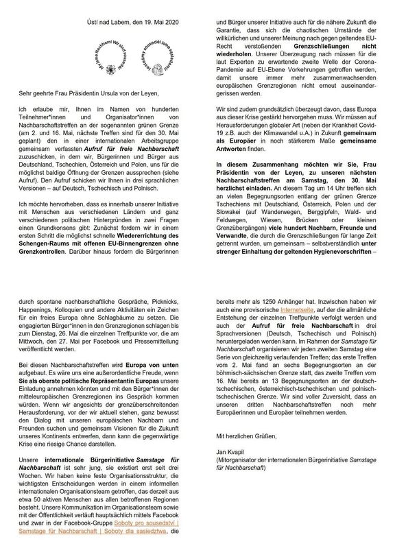 Dopis a pozvánka předsedkyni Evropské komise. 