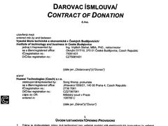Darovací smlouva mezi Huawei a Vysokou školou technickou a ekonomickou v Českých Budějovicích.