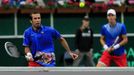 Radek Stepanek (L) and Tomas Berdych of the Czech Republic return a shot to Argentina's Carlos Berlocq and Horacio Zeballos during their Davis Cup semi-final doubles matc