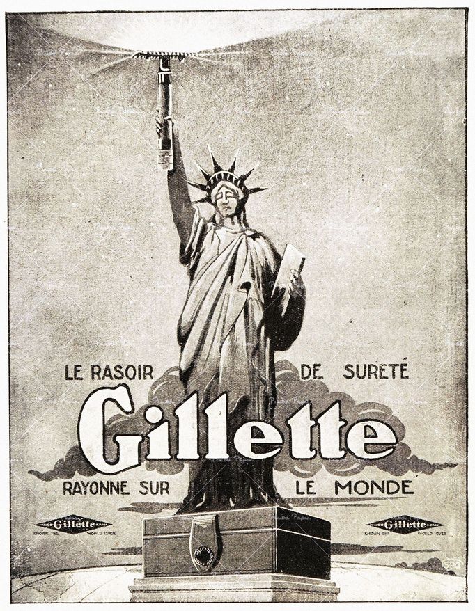 Holící strojky Gillette se staly symbolem svobody. Reprofoto francouzské reklamní tiskoviny propagující holící stroje značky Gillette. Cca 1910-1930s