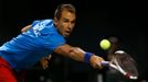 Czech Republic's Rosol returns shot against Japan's Daniel during Davis Cup quarter final tennis match in Tokyo