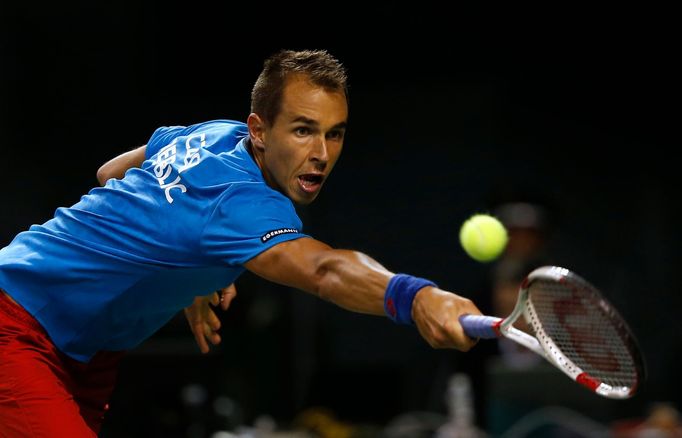 Czech Republic's Rosol returns shot against Japan's Daniel during Davis Cup quarter final tennis match in Tokyo