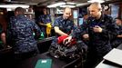 April 25, 2011 - Fort Lauderdale, Florida, U.S. - -- Fort Lauderdale, Fla. -- Petty Officer Second Class Josh Moran, center, a member of the auxiliary division, in the crew's mess prepares to disembark the USS Annapolis (SSN 760), a S6G nuclear reactor powered fast attack submarine, while sailing to Port Everglades in Fort Lauderdale on Monday. The USS Annapolis measures 362 ft. in length and 33 ft. at the beam, a diving depth of over 400 ft., 27+ mph, 12 vertical launch missile tubes, 4 torpedo tubes, and a crew of 130 enlisted submariners. The submarine was commissioned April 11, 1992 with its homeport in Groton, Connecticut. USS Annapolis sailed to the 21st Anniversary of Fleet Week at Port Everglades, Fort Lauderdale. (Credit Image: © Gary Coronado/The Palm Beach Post)