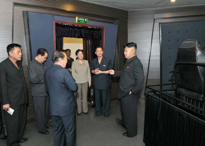 North Korea's leader Kim Jong-un visits a newly built 3-D rhythmic cinema at the amusement house of the Rungna People's Pleasure Park in