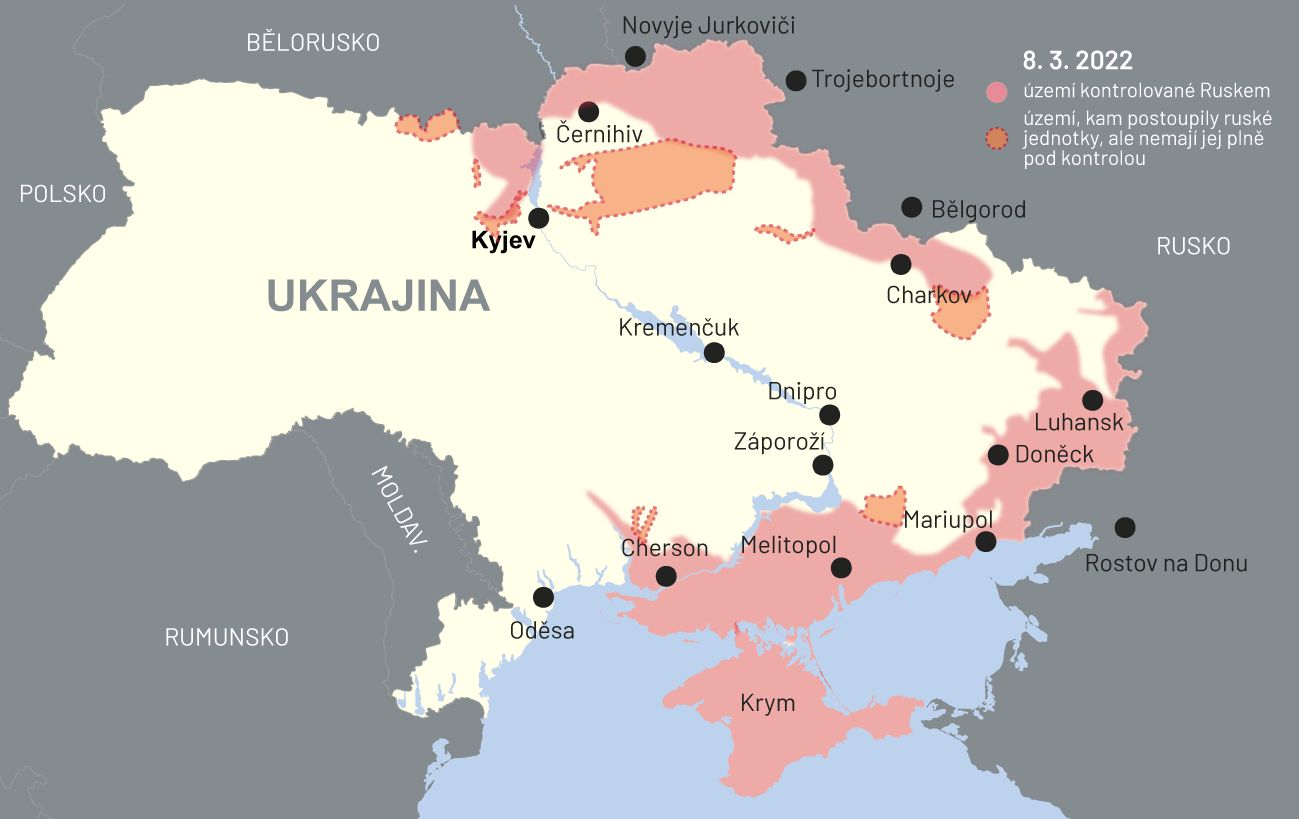 8. březen 2022: Mapa bojů na Ukrajině