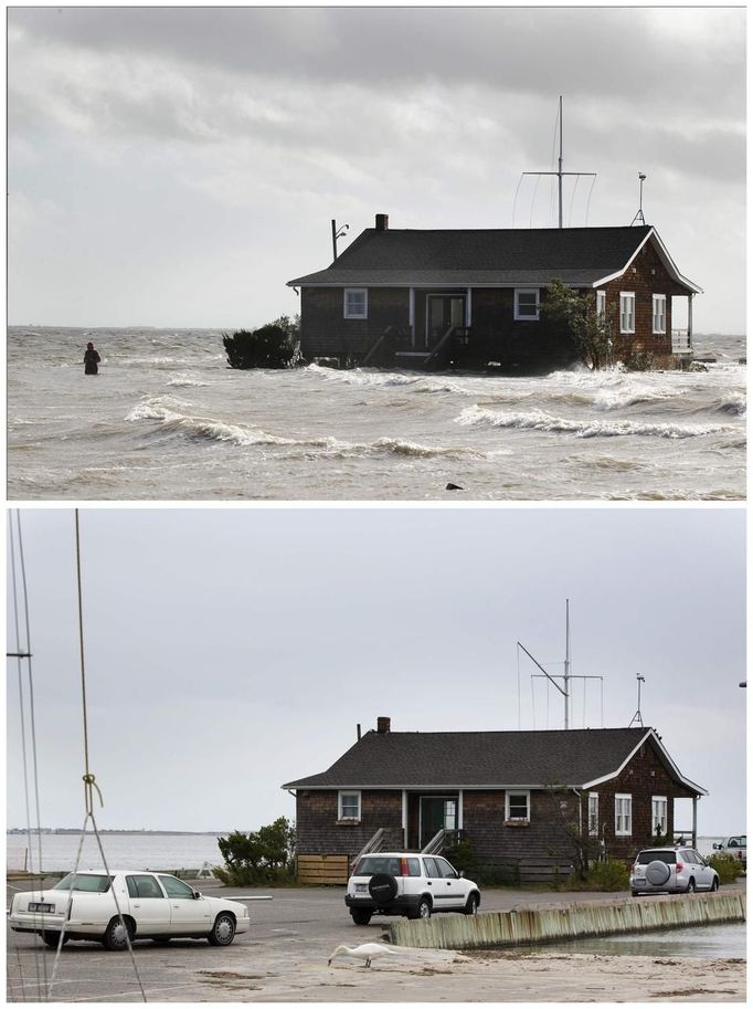 Bellport, New York 30. října 2012 (nahoře) a 23. října 2013.