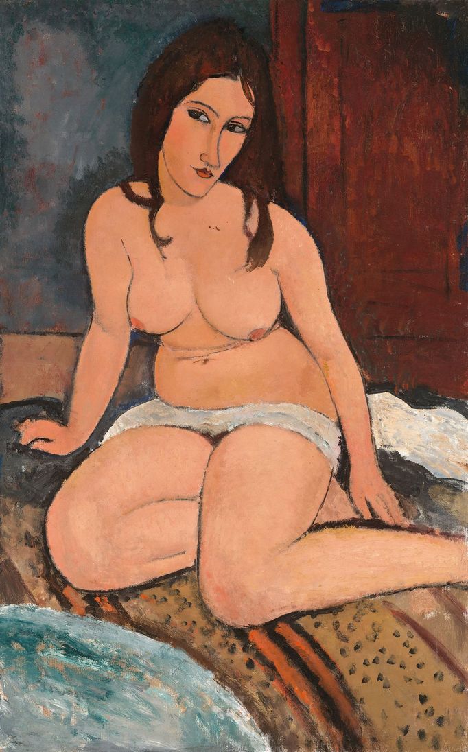 Amedeo Modigliani: Sedící nahá žena, detail, 1917, olej na plátně.