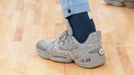 Jan 26, 2020; Memphis, Tennessee, USA; Memphis Grizzlies guard John Konchar (46) shoes in tribute of former Los Angeles Lakers player Kobe Bryant before the game against