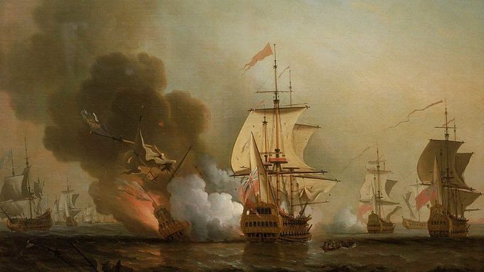 Výbuch španělské lodi San José na obrazu Samuela Scotta.