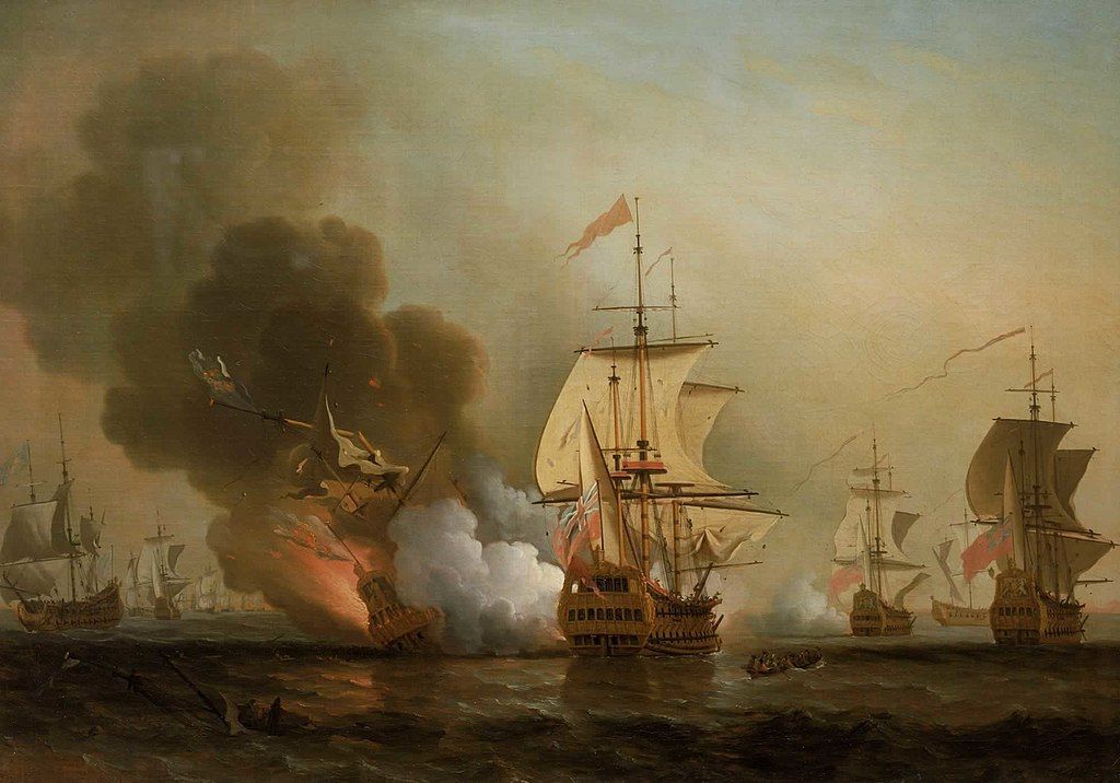 Výbuch španělské lodi San José na obrazu Samuela Scotta.