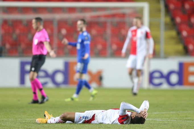 David Zima v prvním zápase 2. kola EL Slavia - Leicester