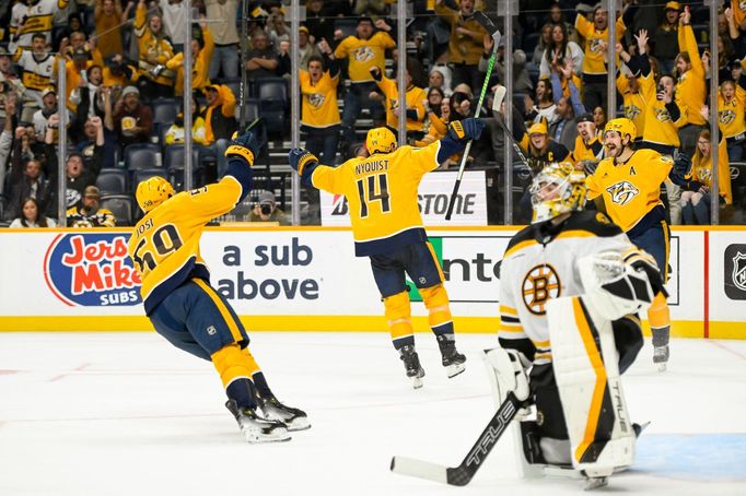 Oct 22, 2024; Nashville, Tennessee, USA; Nashville Predators center Gustav Nyquist (14) celebrates his goal against the Boston Bruins during the third period at Bridgesto