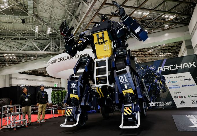 A view of Archax, a giant human-piloted robot developed by the start-up Tsubame Industries Co., is displayed during the Japan Mobility Show 2023 at Tokyo Big Sight in Tok