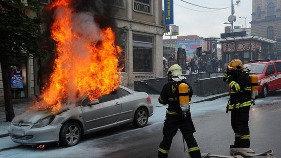 Na Václavském náměstí hořel peugeot