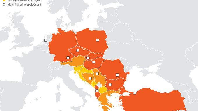 Teritoriální působnost skupiny ČEZ. Mapa převzata z Výroční zprávy ČEZ za rok 2009.