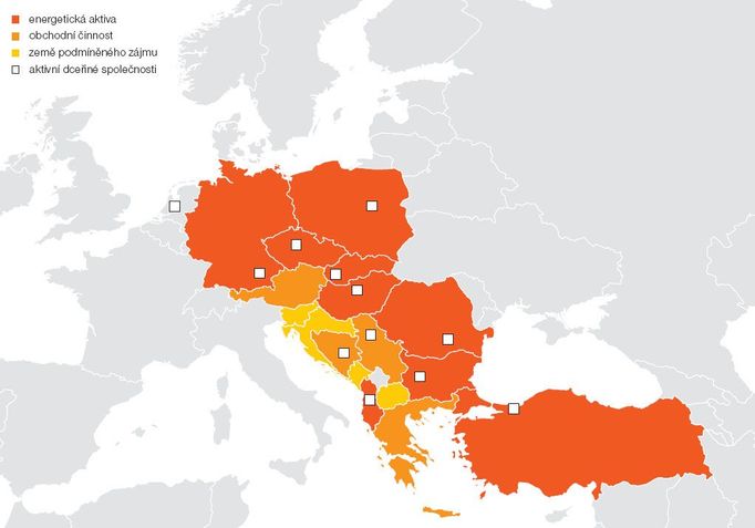 Teritoriální působnost skupiny ČEZ. Mapa převzata z Výroční zprávy ČEZ za rok 2009.