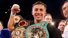 World champion Gennadiy Golovkin of Kazakhstan reacts after defeating Martin Murray of England during the WBA-WBC-IBO Middleweight World Championship in Monte Carlo, earl