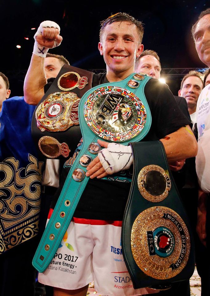 World champion Gennadiy Golovkin of Kazakhstan reacts after defeating Martin Murray of England during the WBA-WBC-IBO Middleweight World Championship in Monte Carlo, earl