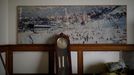 A poster of the snow-covered resort hangs on a wall at the abandoned Alps Ski Resort