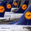 Aircraft of German airline Lufthansa are parked on the apron at Fraport airport in Frankfurt