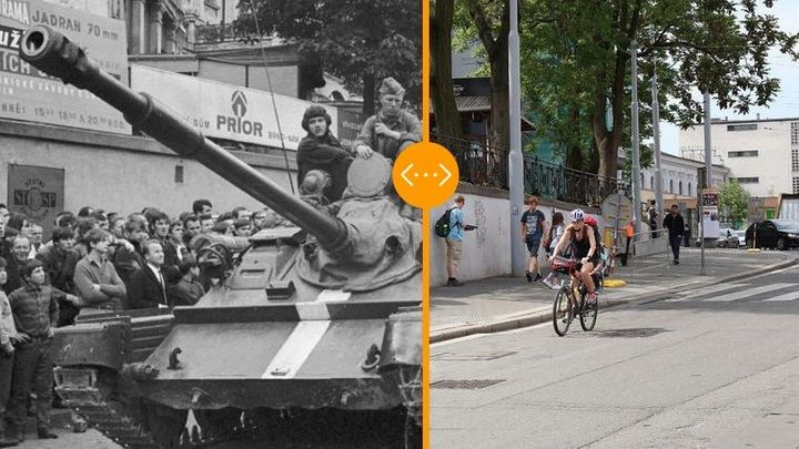 Pryč s okupanty! Dramatické snímky roku 1968 z Ostravy, Brna či Plzně a současnost; Zdroj foto: Aktuálně.cz