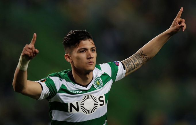 Fredy Montero ze Sportingu Lisabon slaví gól do sítě Viktorie Plzeň