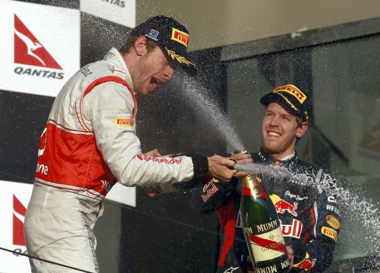 VC Austrálie: Jenson Button a Vettel (oslava)