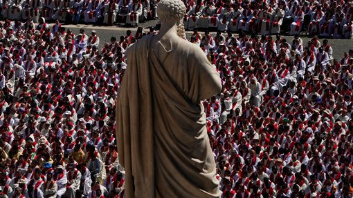 Members of the clergy gather during Pope Francis funeral Mass in St. Peter's Square at the Vatican, April 26, 2025. REUTERS/Nathan Howard