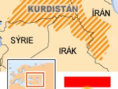 Mapa Blízkého východu s vyznačením území, které obývají etničtí Kurdové. Kromě Iráku žijí i v Sýrii, Turecku a Íránu.