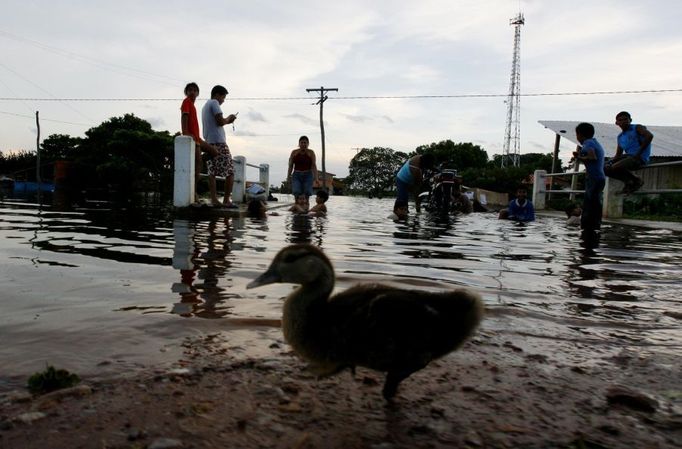 Skupinka lidí a house stojí v Pantanalu, zatopeném předměstí Trinidadu. Bolívie