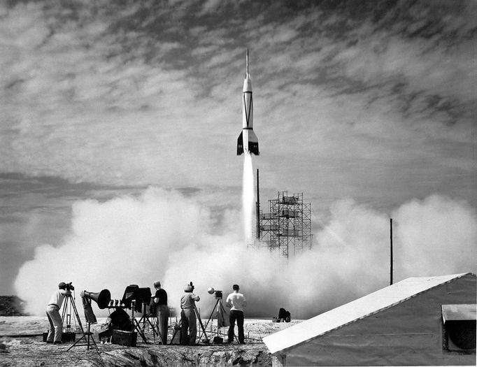 A new chapter in space flight began in July 1950 with the launch of the first rocket from Cape Canaveral, Florida: the Bumper 8. Shown above, Bumper 8 was an ambitious tw