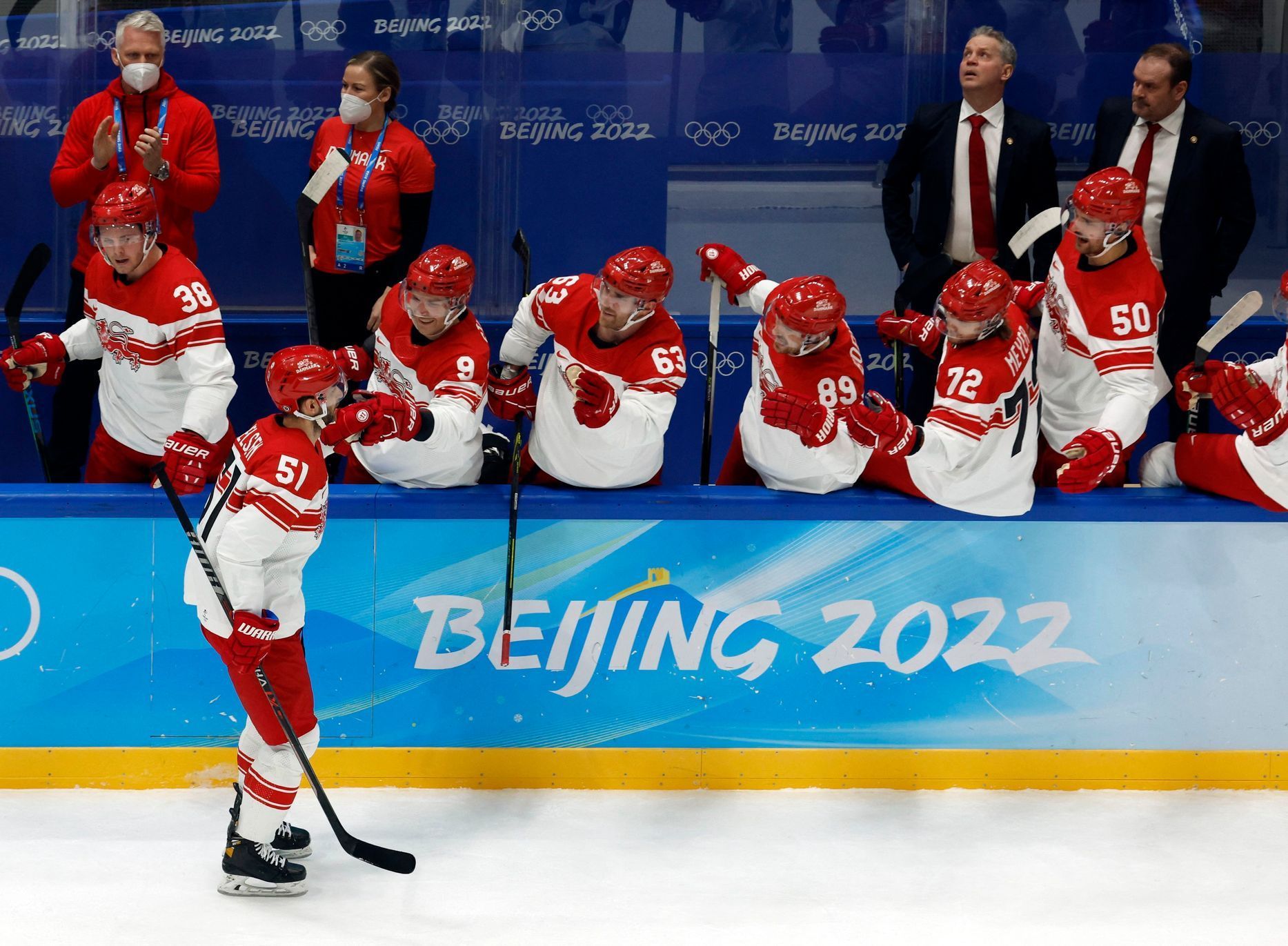 OH 2022, Peking, hokej, Česko - Dánsko, radost Dánska po druhém gólu
