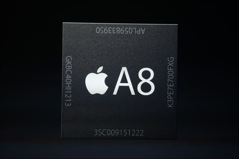An Apple A8 CPU is shown during an Apple event announcing the iPhone 6 at the Flint Center in Cupertino