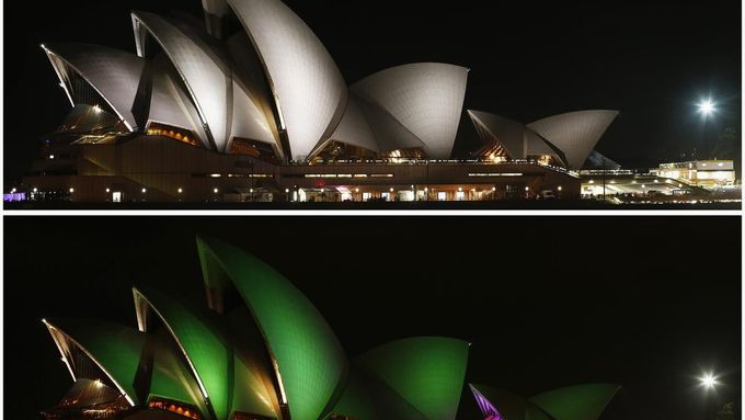 Opera v Sydney před a v průbehu Hodiny Země.