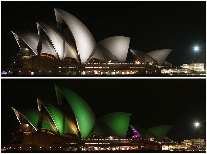 Opera v Sydney před a v průbehu Hodiny Země.