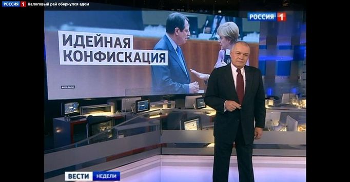 "Naposledy v západní Evropě konfiskaci bankovních vkladů ideologicky zdůvodňoval Hitler," uvedl na kanálu Rossija 1 zástupce generálního ředitele veřejnoprávního společnosti VGTRK a moderátor publicistického pořadu Vesti něděli Dmitrij Kiseljov.