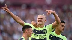 Erling Haaland slaví gól v zápase Manchesteru City proti West Hamu