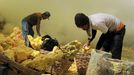 This photo taken on December 25, 2010 shows an Indonesian miner filling baskets with sulphur before carrying them from the bottom of the crater of Indonesia's active Kaja