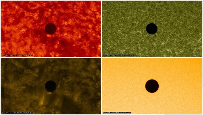 Handout images courtesy of NASA show various views of the planet Venus transiting the Sun, June 5, 2012. One of the rarest astronomical events occurs on Tuesday and Wednesday when Venus passes directly between the sun and Earth, a transit that won't occur again until 2117. REUTERS/NASA/AIA/Solar Dynamics Observatory/Handout (UNITED STATES - Tags: ENVIRONMENT SCIENCE TECHNOLOGY) FOR EDITORIAL USE ONLY. NOT FOR SALE FOR MARKETING OR ADVERTISING CAMPAIGNS. THIS IMAGE HAS BEEN SUPPLIED BY A THIRD PARTY. IT IS DISTRIBUTED, EXACTLY AS RECEIVED BY REUTERS, AS A SERVICE TO CLIENTS Published: Čer. 6, 2012, 2:12 dop.