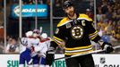 May 14, 2014; Boston, MA, USA; Boston Bruins defenseman Zdeno Chara (33) skates away as the Montreal Canadiens celebrate after Chara deflected a shot into his own goal du