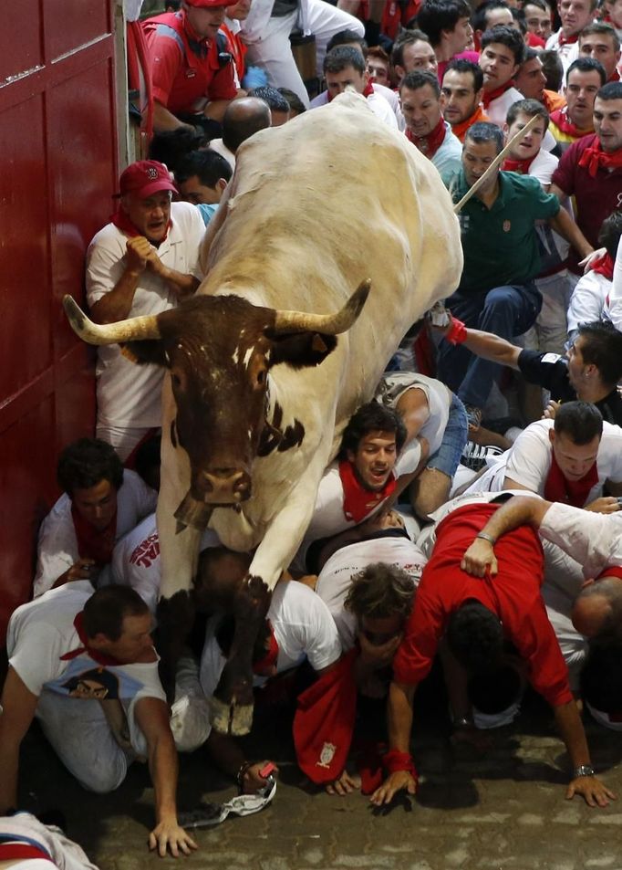 A steer jumps over the crowd of runners blocking the entrance to the bullring during the second running of the bulls of the San Fermin festival in Pamplona July 8, 2012. There were no injured runners in the run that lasted two minutes and twenty nine seconds, according to local media. REUTERS/Susana Vera (SPAIN - Tags: SOCIETY ANIMALS) Published: Čec. 8, 2012, 8:25 dop.