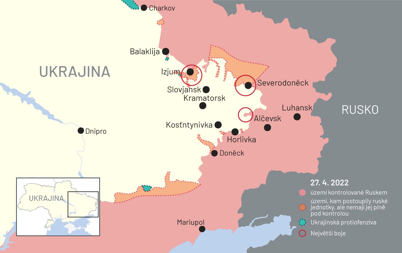 27. duben 2022: Mapa bojů na Ukrajině