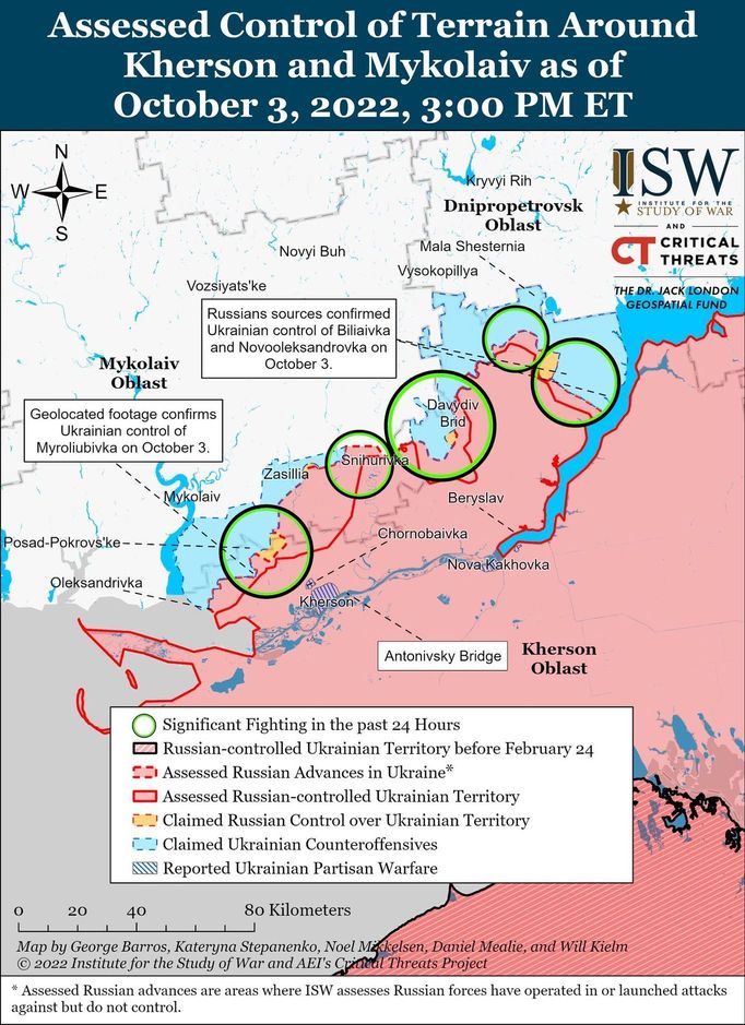 Mapa Institutu pro studium války, zachycující situaci na takzvané jižní frontě u Chersonu.