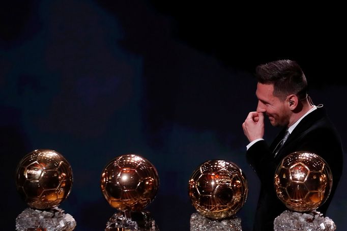 Soccer Football - The Ballon d’Or awards - Theatre du Chatelet, Paris, France - December 2, 2019  Barcelona's Lionel Messi with his Ballon d'Or trophies  REUTERS/Christia