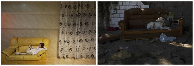 A combination photo shows Shakira Gabarri (L) watching TV at her grandparents' home in Madrid's Spanish gypsy settlement of Puerta de Hierro, where she lived, November 15, 2011 and one of the family's dogs (R) sitting on a couch next to the remains of Shakira's grandparent's house weeks after it was demolished August 13, 2012. Fifty-four families have been living in Puerta de Hierro, on the banks of the Manzanares river for over 50 years. Since the summer of 2010, the community has been subject to evictions on the grounds that the dwellings are illegal. Families whose houses have been demolished, move in with relatives whose houses still remain while the debris keeps piling up around them as more demolitions take place. REUTERS/Susana Vera (SPAIN - Tags: SOCIETY) ATTENTION EDITORS - PICTURE 10 OF 31 FOR PACKAGE 'GYPSY SITE DEMOLISHED' SEARCH 'GYPSY SITE' FOR ALL IMAGES Published: Lis. 5, 2012, 4:11 odp.