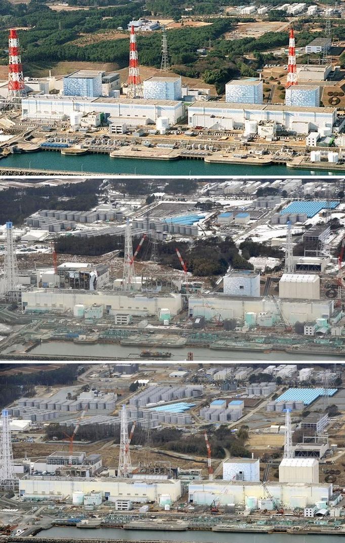 Tokyo Electric Power Company's (TEPCO) tsunami-crippled Fukushima Daiichi nuclear power plant in Fukushima prefecture is pictured in this combination photo taken December, 2000 (top), February 26, 2012 (C), and March 3, 2013, released by Kyodo on March 7, 2013, ahead of the two-year anniversary of the March 11 earthquake and tsunami. Mandatory Credit. REUTERS/Kyodo (JAPAN - Tags: ANNIVERSARY DISASTER ENVIRONMENT) ATTENTION EDITORS - THIS IMAGE WAS PROVIDED BY A THIRD PARTY. FOR EDITORIAL USE ONLY. NOT FOR SALE FOR MARKETING OR ADVERTISING CAMPAIGNS. THIS PICTURE IS DISTRIBUTED EXACTLY AS RECEIVED BY REUTERS, AS A SERVICE TO CLIENTS. MANDATORY CREDIT. JAPAN OUT. NO COMMERCIAL OR EDITORIAL SALES IN JAPAN. YES Published: Bře. 7, 2013, 9:32 dop.