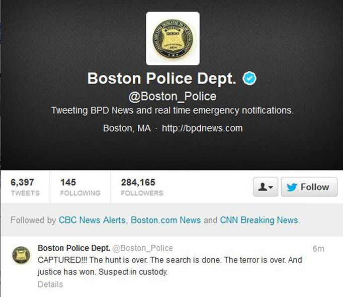 Přetisk z twitterovské stránky policie v Bostonu.