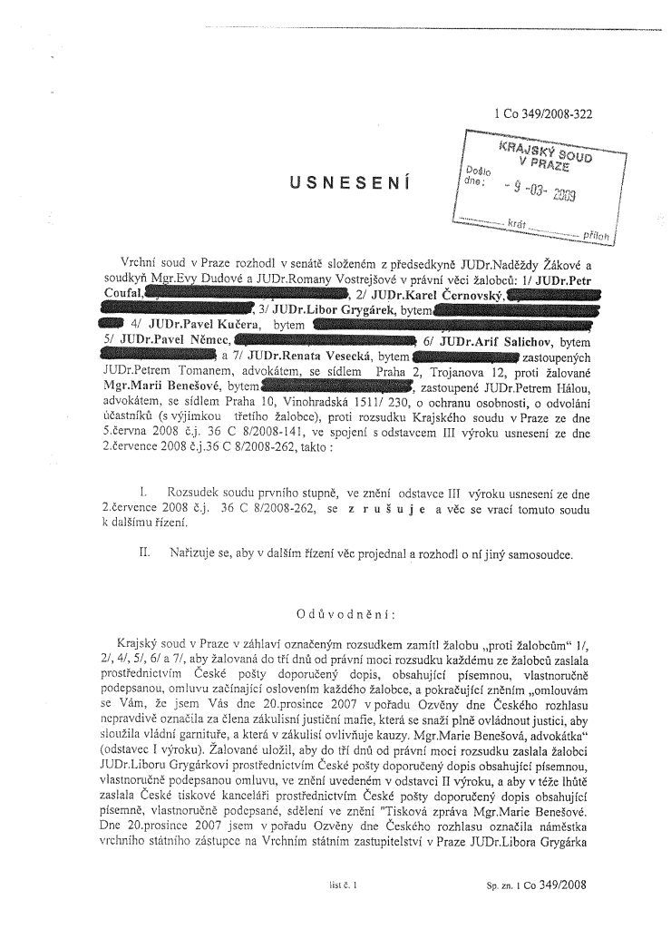 Usnesení Vrchního soudu v Praze v kauze justiční mafie, strana 1