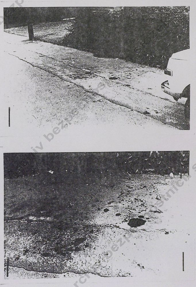 Policejní fotografie nálezu krevní stop na chodníku ulice Koněvova  v Praze 3 - Jarov před tehdejší ubytovnou Ministerstva vnitra ze dne 13. 8. 1981